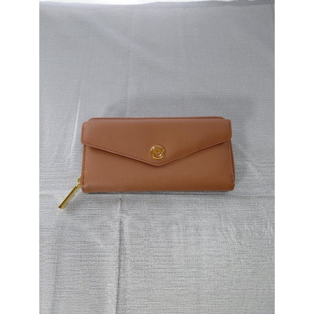 Joy Saffiano Leather Zip Around Cognac Brown Clutch Wallet Front Flap